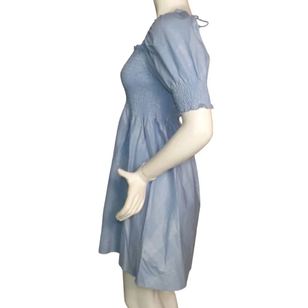 HILL HOUSE Mini Dress, S, Athena Nap, Powder Blue/Silver check, Smocking A-line - Picture 8 of 13